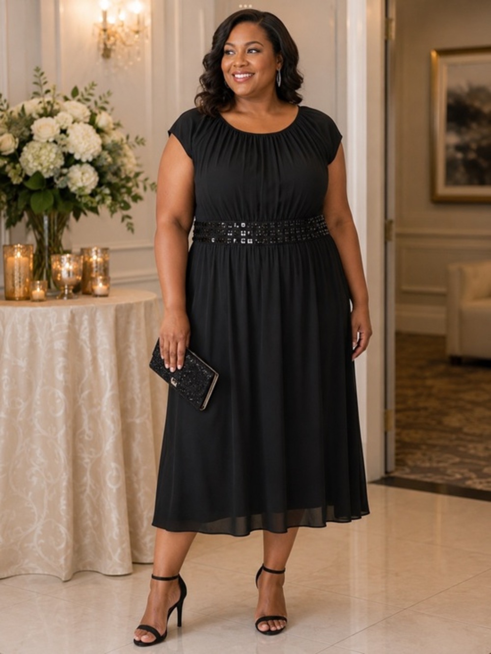 Alfani black round neck with a band of shimmery sequins dress in size 1x
